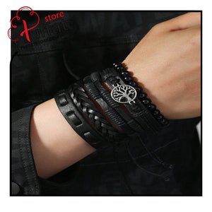 5pcs Punk Style Black Leather Tree Of Life Beaded Bracelets