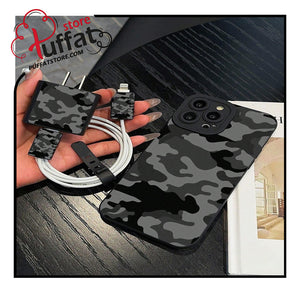 Black & Gray Camouflage IPhone Protective Case + Charger Cable Management Set