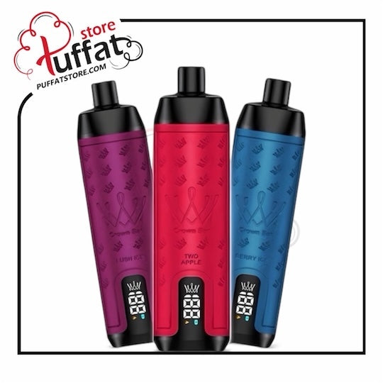 Three vape devices in purple, red, and blue with digital displays on a white background, branded with 'Puffat'.