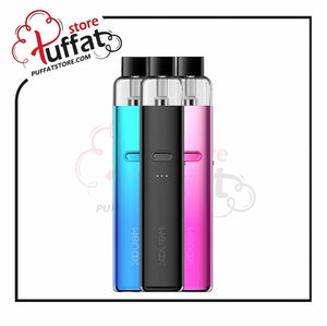 Three vape devices in blue, black, and pink with 'WENOX' branding on a white background. Puffatstore logo at the top left corner.