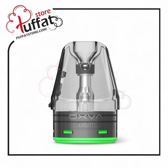 OXVA NexLim vape pod with green accents on a white background, branded with Puffat store.