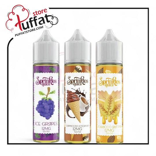 Three bottles of Sprinkles Juice with colorful labels on a white background, featuring the Puffat store logo.