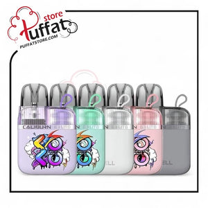 Set of Caliburn CaliburnG3-Lite-KOKO vape devices with colorful designs on a white background, featuring the Puffat store logo.