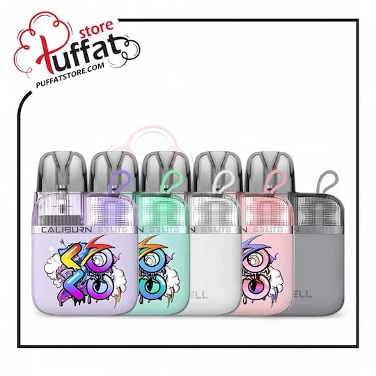 Set of Caliburn CaliburnG3-Lite-KOKO vape devices with colorful designs on a white background, featuring the Puffat store logo.