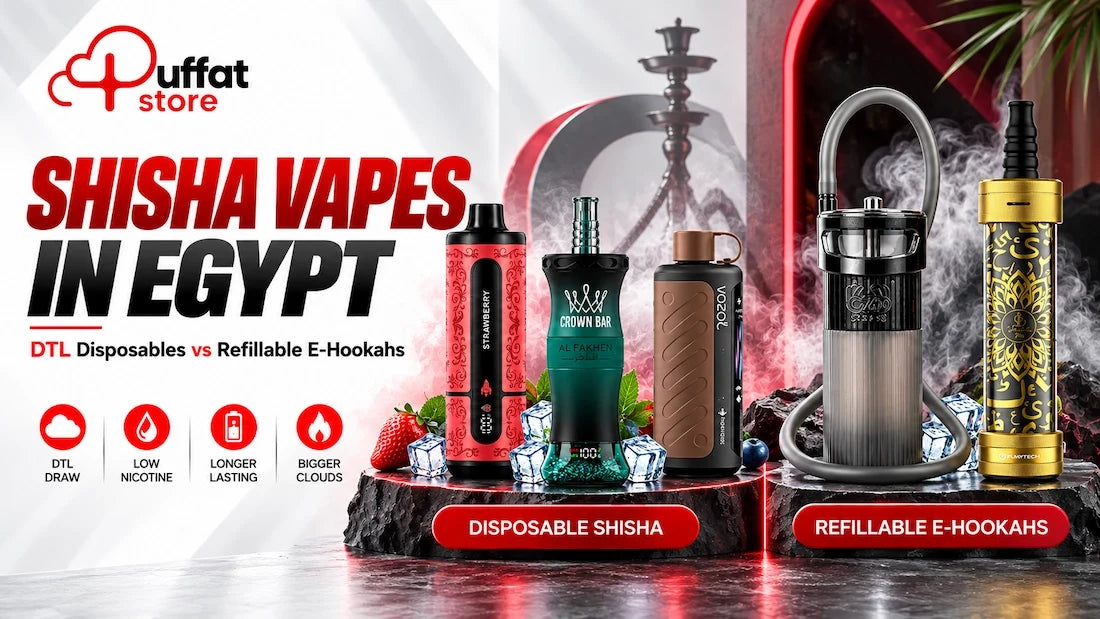 Shisha vapes in Egypt comparison featuring Oukitel Mate Pro Max 60K, Al Fakher Crown Bar E-Hose X, Vozol Gear Hookah, OZO Hookah Portable and Fumytech Hookah Air, comparing DTL disposables with refillable e-hookahs at Puffat Store.