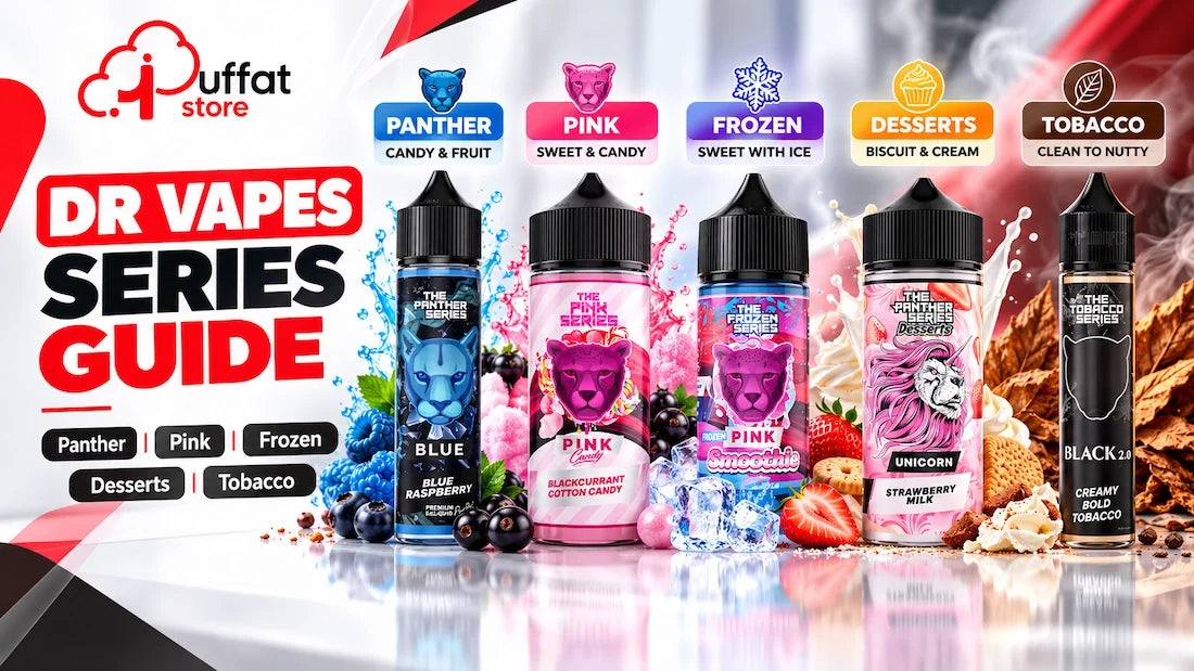 Dr Vapes E-Liquid Series Guide by Puffat Store comparing five collections: Panther Blue Raspberry, Pink Candy, Frozen Pink Smoothie, Panther Desserts Unicorn Strawberry Milk, and Black 2.0 Creamy Bold Tobacco.