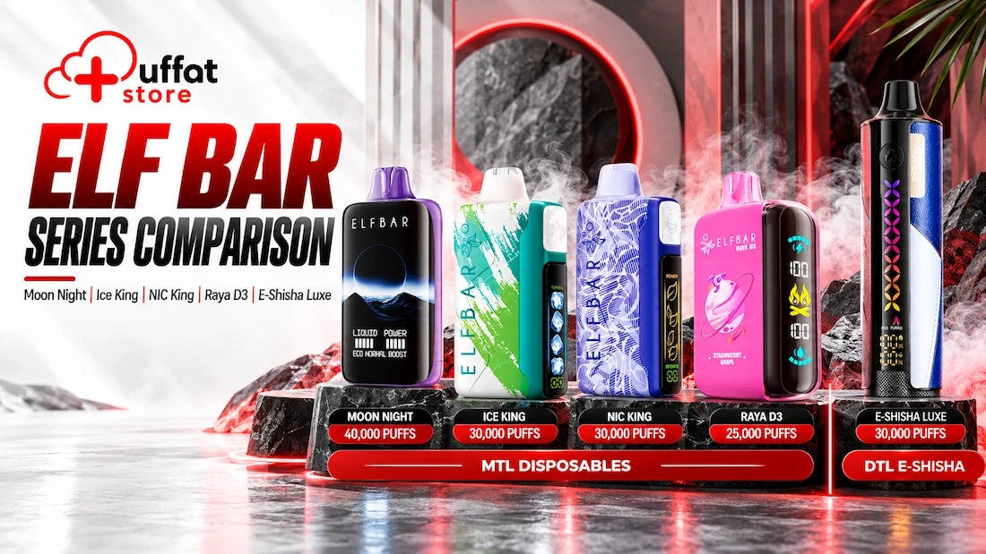 Elf Bar disposable vape comparison featuring Moon Night 40K, Ice King 30K, NIC King 30K, Raya D3 25K and E-Shisha Luxe 30K, comparing MTL disposables and DTL shisha-style vapes in Egypt at Puffat Store.
