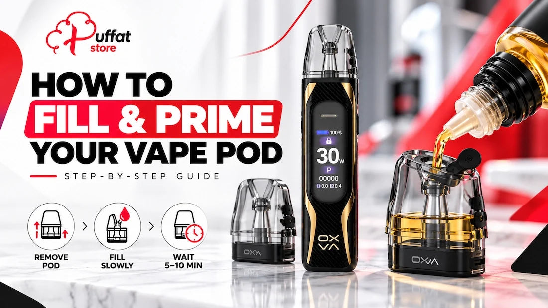 How to fill and prime a vape pod correctly – Step-by-step guide showing OXVA pod cartridge filling, e-liquid refilling, and priming tips by Puffat Store.
