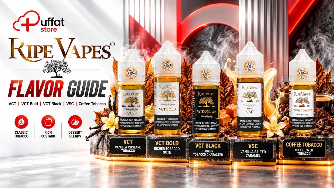 Ripe Vapes E-Liquid Flavor Guide featuring VCT, VCT Bold, VCT Black, VSC, and Coffee Tobacco, comparing vanilla custard, creamy tobacco, and dessert flavors at Puffat Store.