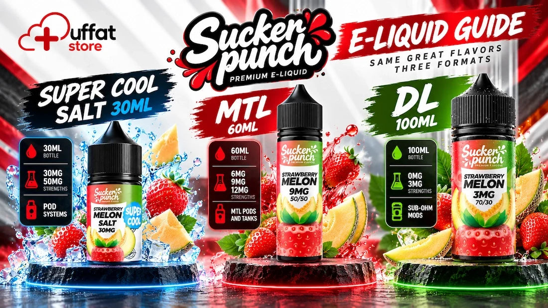 Sucker Punch Strawberry Melon E-Liquid Guide comparing Super Cool Salt 30ml, MTL 60ml, and DL 100ml bottles at Puffat Store Egypt.