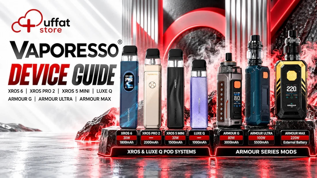 Vaporesso device comparison guide featuring XROS 6, XROS Pro 2, XROS 5 Mini, LUXE Q, Armour G, Armour Ultra, and Armour MAX pod systems and vape mods at Puffat Store.