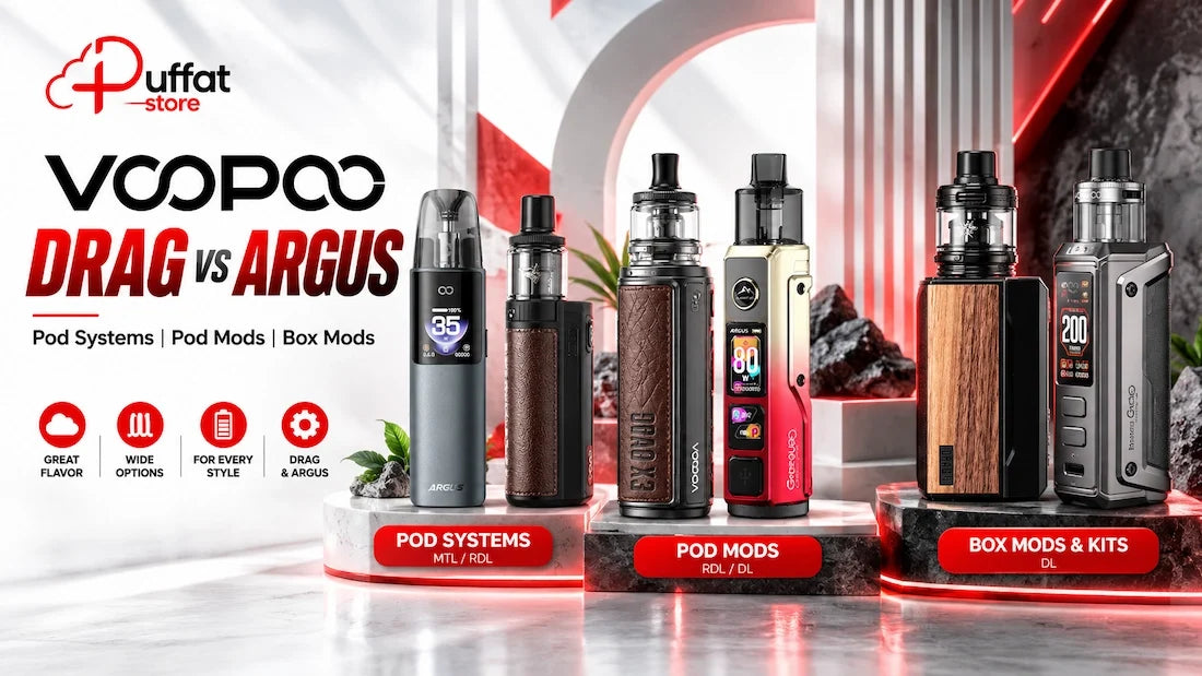 VOOPOO Drag vs Argus comparison featuring Argus G4, Drag Q, Drag X3, Argus Pro 80W, Drag 4 and Argus GT 2, highlighting pod systems, pod mods and box mods at Puffat Store Egypt.