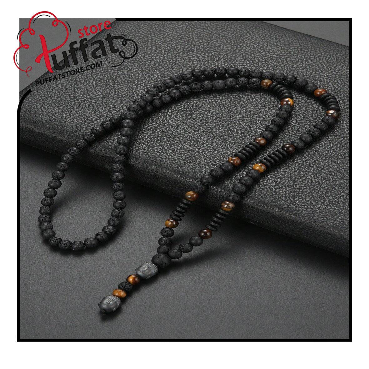 1pc Vintage Black Volcanic Rock&Natural Yellow Tiger Eye Men