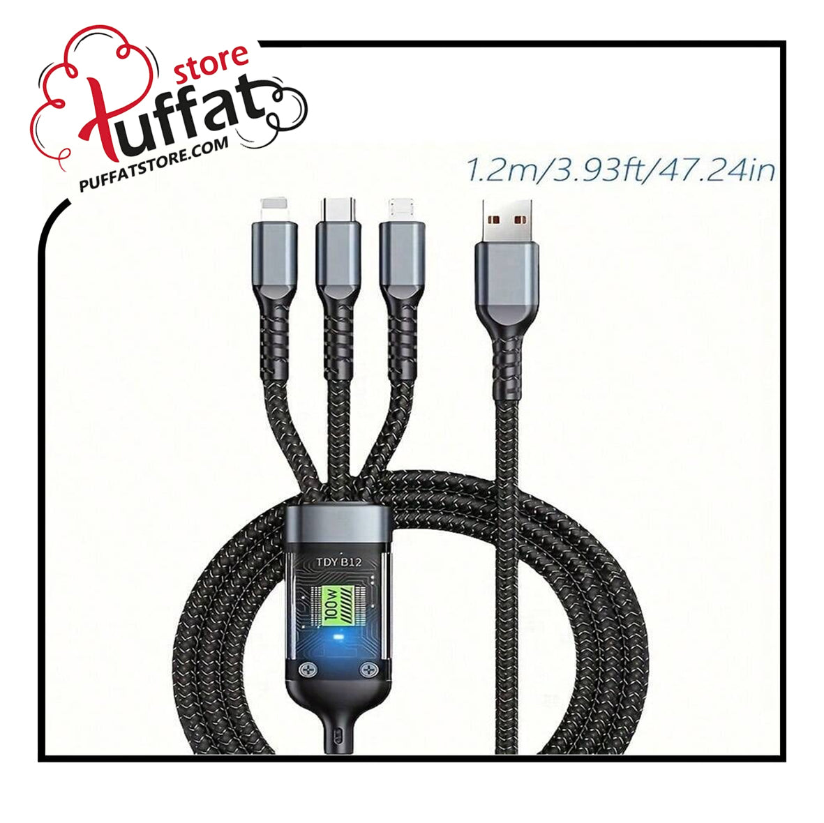 100W Nylon Braided 3 In 1 Fast Charging Cable - USB