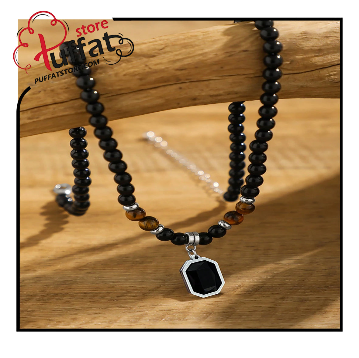 1pc Tiger's Eye Beaded Pendant Necklace With Black Square Rhinestone For Men