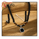 1pc Tiger's Eye Beaded Pendant Necklace With Black Square Rhinestone For Men