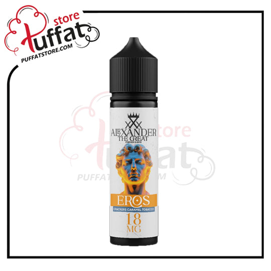 E-liquid bottle labeled 'Alexander the Great Eros' with a black cap on a white background, featuring the Puffat store logo.