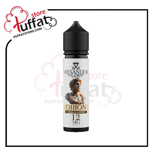 Vape juice bottle labeled 'Alexander the Great Orion' by Puffat store on a white background