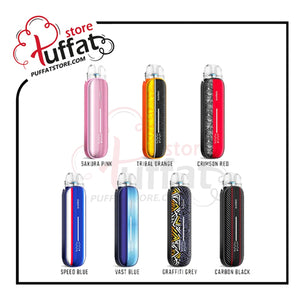 Display of colorful vape devices with Puffat store branding.