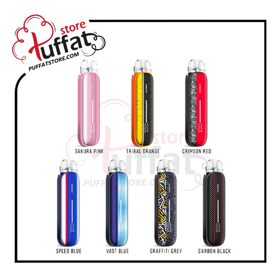Display of colorful vape devices with Puffat store branding.