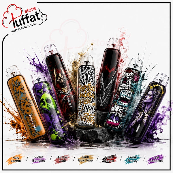 Six disposable vape devices with colorful graphic designs are arranged on a black rock with paint splatters on a white background. The top left corner features the 'luffat store' logo, and a row of color/style labels is at the bottom.