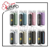 Display of vape devices in various colors with Puffat store logo.