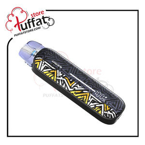 Vape device with geometric pattern on a white background, branded with 'Puffat'.