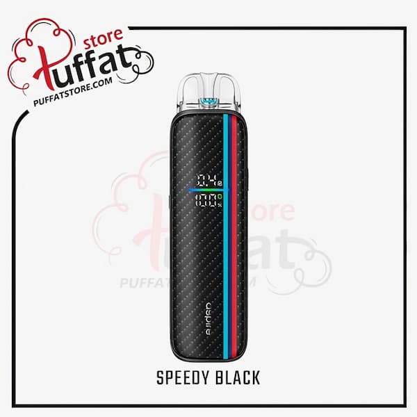 Vape device with carbon fiber texture and red and blue stripes on a white background, branded as 'Puffat Store'.