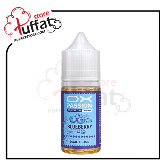 Blueberry-flavored e-liquid bottle with DXVA branding on a white background, featuring the Puffat store logo.