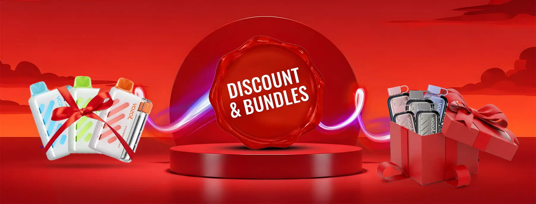 Red promotional banner with 'Discount & Bundles' text, gift boxes, and money on a red background.