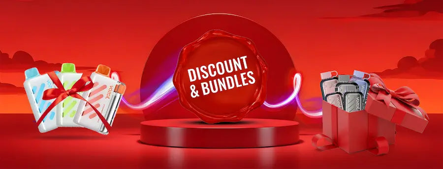 Red promotional banner with 'Discount & Bundles' text, gift boxes, and money on a red background.