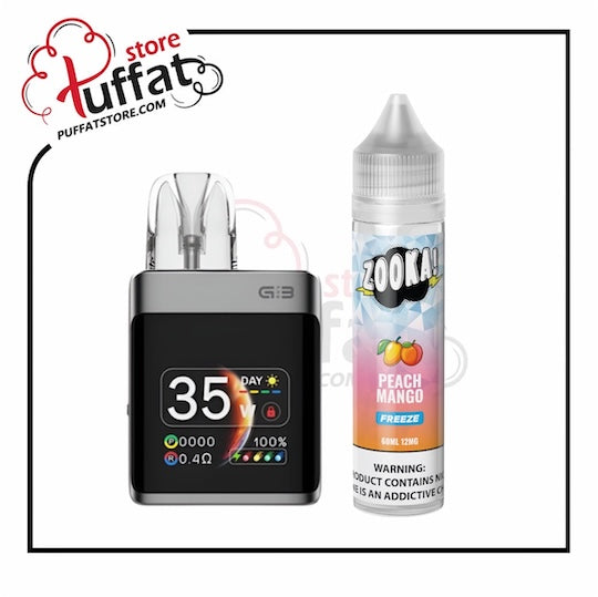 Vaping device and Zokal vape juice bottle with 'Puffat' branding on a white background
