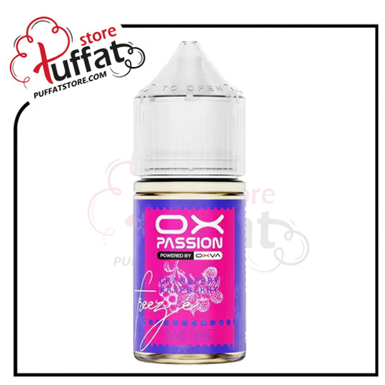 Vape juice bottle with pink label featuring 'OX Passion' on a white background, branded with 'Puffat Store'.