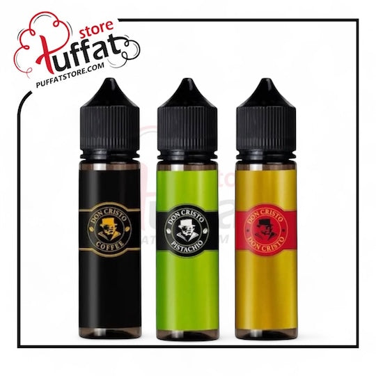 Three bottles of Don Cristo vape juice with different flavors on a white background, featuring the Puffat store logo.