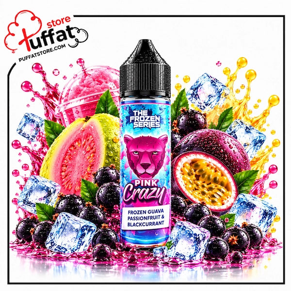 A bottle of vape juice from The Frozen Series 'Pink Crazy' flavor, surrounded by a vibrant graphic of frozen guava, passionfruit, blackcurrant, ice cubes, and watermelon slices on a white background with a Puffat store logo in the top left.