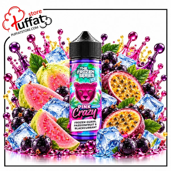 Ignite your senses with The Frozen Series Pink Crazy Frozen by Dr Vapes, now available at Puffat Store—featuring an exotic blend of frozen pink guava, tangy passionfruit, and rich blackcurrant, surrounded by splashing ice cubes and juicy fruit splashes for an invigorating, ice-cold vape.   