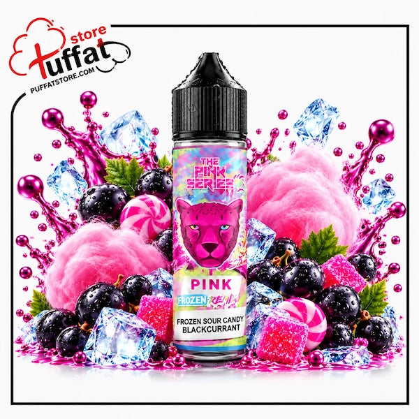 A 60ml bottle of Dr. Vapes The Pink Series Pink Frozen Remix frozen sour candy blackcurrant e-liquid with a water droplet-covered black dropper cap, centered among pink cotton candy clouds, striped swirl candies, sugared sour jelly cubes, glossy blackcurrants, and clear ice cubes with dynamic magenta splashes over a reflective surface on a white background, framed with a thin black border and the Puffat Store logo in the top-left corner.   