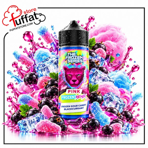 Chill your senses with The Frozen Series Pink Frozen Remix by Dr Vapes, now available at Puffat Store—featuring an exhilarating fusion of frozen sour candy and rich blackcurrant, surrounded by fluffy pink cotton candy, sweet gummy candy accents, crystal ice cubes, and vibrant pink splashes for an intense, frosty vape.   