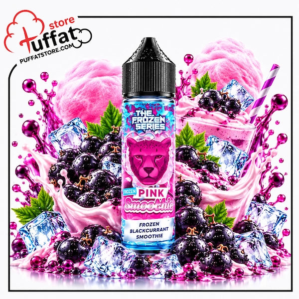 A 60ml bottle of Dr. Vapes The Frozen Series Frozen Pink Smoothie frozen blackcurrant smoothie e-liquid with a water droplet-covered black dropper cap, centered among creamy smoothie swirls, a berry-topped iced smoothie cup with a purple-striped straw, pink cotton candy clouds, glossy blackcurrants, and clear ice cubes with dynamic magenta splashes over a reflective surface on a white background, framed with a thin black border and the Puffat Store logo in the top-left corner
