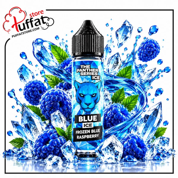 A 60ml bottle of Dr. Vapes The Panther Series Blue Ice frozen blue raspberry e-liquid with a water droplet-covered black dropper cap, centered among vibrant blue raspberries, fresh green leaves, and sharp ice crystals with dynamic blue liquid splash swirls over a reflective surface on a white background, framed with a thin black border and the Puffat Store logo in the top-left corner