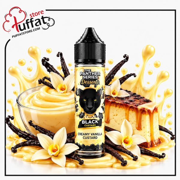 A bottle of e-liquid from The Panther Series by Puffat, labeled 'Black Custard' (Creamy Vanilla Custard), surrounded by vanilla custard swirls, vanilla beans, vanilla flowers, and a slice of vanilla cake on a white background with a yellow splash graphic.
