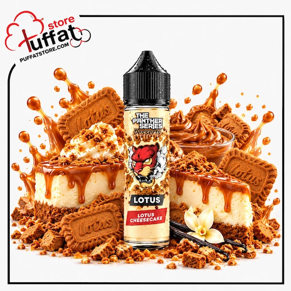 A bottle of e-liquid centered on a white background, surrounded by dessert props including cheesecake slices, caramel drizzle, biscuit crumbs, and a vanilla flower. The bottle label reads 'The Panther Series' and 'Lotus Cheesecake'.