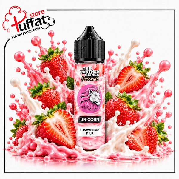 A 60ml bottle of Dr. Vapes The Panther Series Desserts Unicorn strawberry milk e-liquid with a water droplet-covered black dropper cap, centered among vibrant whole and sliced ripe strawberries with fresh green calyxes, surrounded by explosive, creamy splashes of pink strawberry milk and rich white cream over a reflective surface on a white background, framed with a thin black border and the Puffat Store logo in the top-left corner.