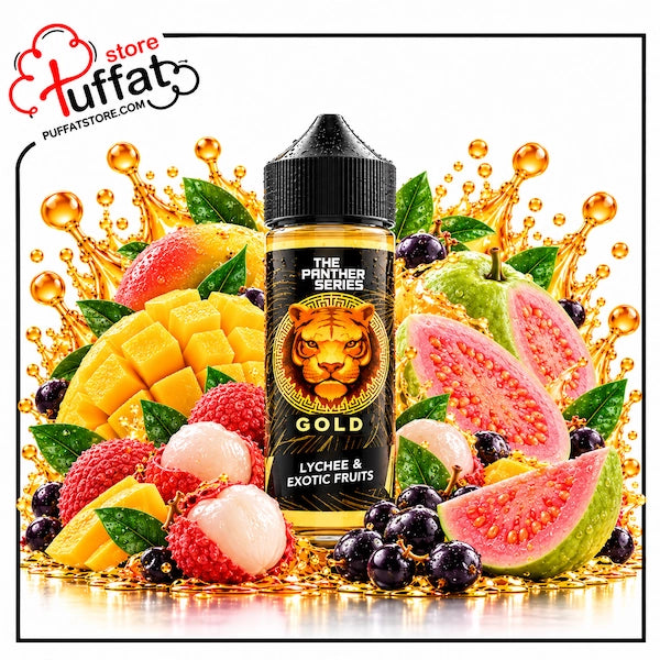 Savor a luxurious tropical escape with The Panther Series Gold by Dr Vapes, now available at Puffat Store—featuring an exotic fusion of sweet lychee, exotic fruits, juicy ripe mango cubes, and pink guava enveloped in vibrant golden splashes for an opulent, flavorful vape.   