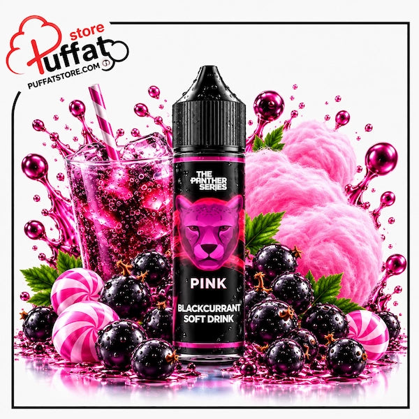 A 60ml bottle of Dr. Vapes The Panther Series Pink blackcurrant soft drink e-liquid with a water droplet-covered black dropper cap, centered among a fizzy iced blackcurrant drink with a striped straw, fluffy pink cotton candy, swirl candies, and glossy blackcurrants with dynamic magenta liquid splashes over a reflective surface on a white background, framed with a thin black border and the Puffat Store logo in the top-left corner