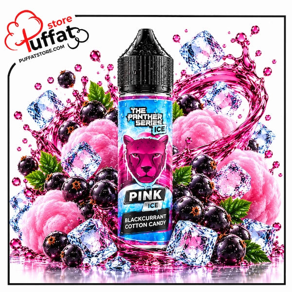 A 60ml bottle of Dr. Vapes The Panther Series Pink Ice blackcurrant cotton candy e-liquid with a water droplet-covered black dropper cap, centered among fluffy pink cotton candy, glossy blackcurrants, green leaves, and clear ice cubes with dynamic pink liquid splash swirls over a reflective surface on a white background, framed with a thin black border and the Puffat Store logo in the top-left corner. 