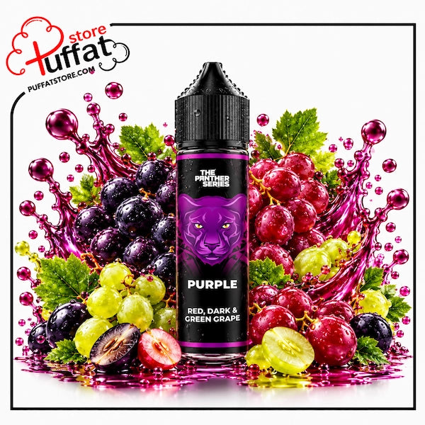 A 60ml bottle of Dr. Vapes The Panther Series Purple red, dark, and green grape e-liquid with a water droplet-covered black dropper cap, centered among luscious bunches of dark, red, and green grapes with sliced halves and fresh vine leaves, framed by dynamic purple liquid splashes with glossy droplets over a reflective surface on a white background, enclosed in a thin black border with the Puffat Store logo in the top-left corner.
