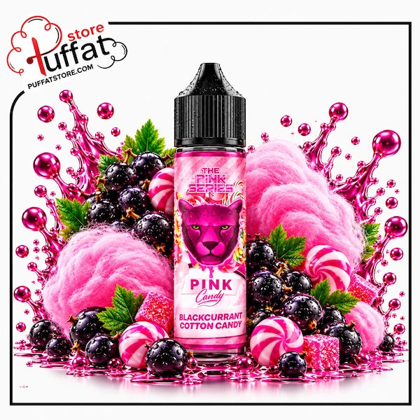A 60ml bottle of Dr. Vapes The Pink Series Pink Candy blackcurrant cotton candy e-liquid with a water droplet-covered black dropper cap, centered among fluffy pink cotton candy clouds, striped swirl candies, sugared jelly cubes, and glossy blackcurrants with dynamic magenta liquid splashes over a reflective surface on a white background, framed with a thin black border and the Puffat Store logo in the top-left corner.