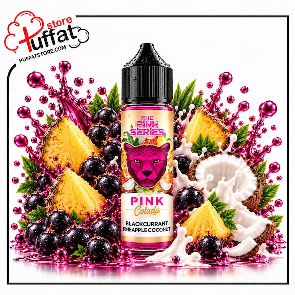 A 60ml bottle of Dr. Vapes The Pink Series Pink Colada blackcurrant, pineapple, and coconut e-liquid with a water droplet-covered black dropper cap, centered among juicy pineapple wedges, cracked fresh coconuts, creamy coconut milk splashes, and glossy blackcurrants with vibrant magenta liquid splashes over a reflective surface on a white background, framed with a thin black border and the Puffat Store logo in the top-left corner.