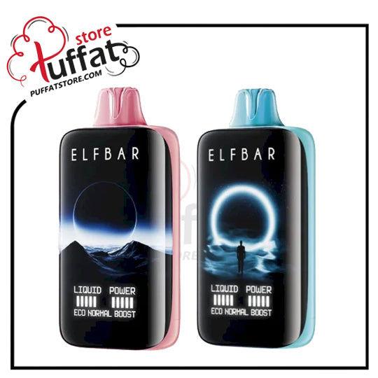 Two ELFBAR vape devices, one pink and one blue, with a Tuffat store logo above them.